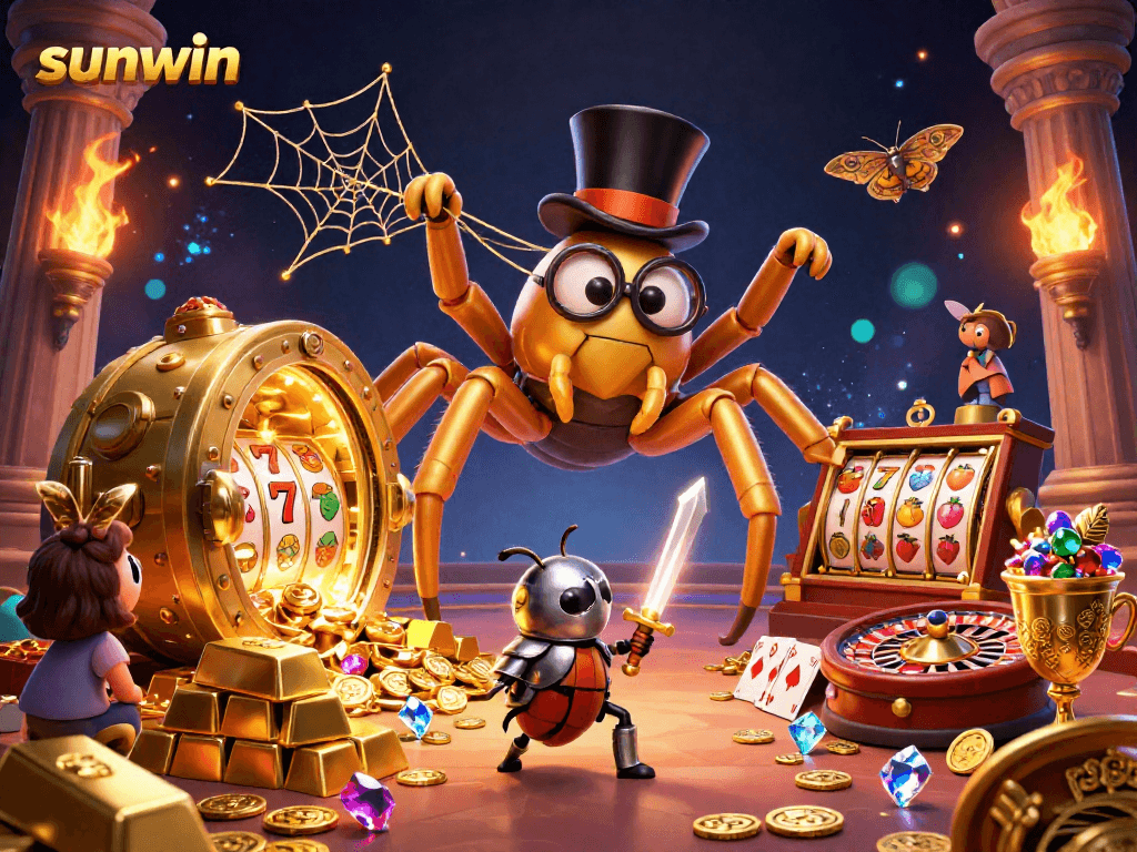 Engage with sunwin's thrilling slots, featuring epic characters and dazzling treasures in a vivid casino scene.