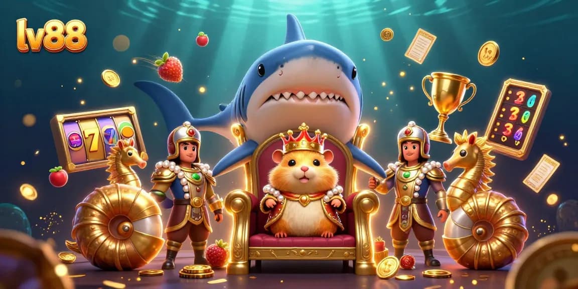 Experience exciting slots at lv88 with a golden hamster king surrounded by dynamic casino elements.