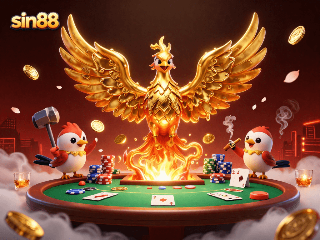Play exciting games at sin88 with a golden phoenix, poker elements, and vibrant casino atmosphere.