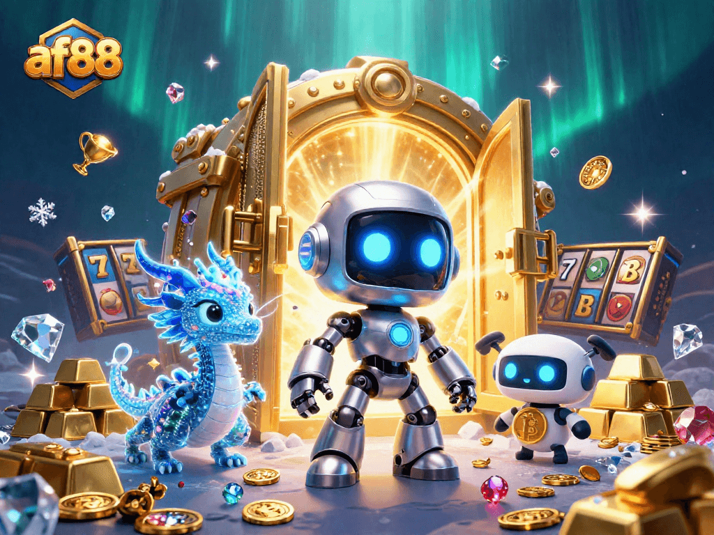 Experience exhilarating wins at af88 with a vibrant 3D casino scene filled with treasures and neon themes.