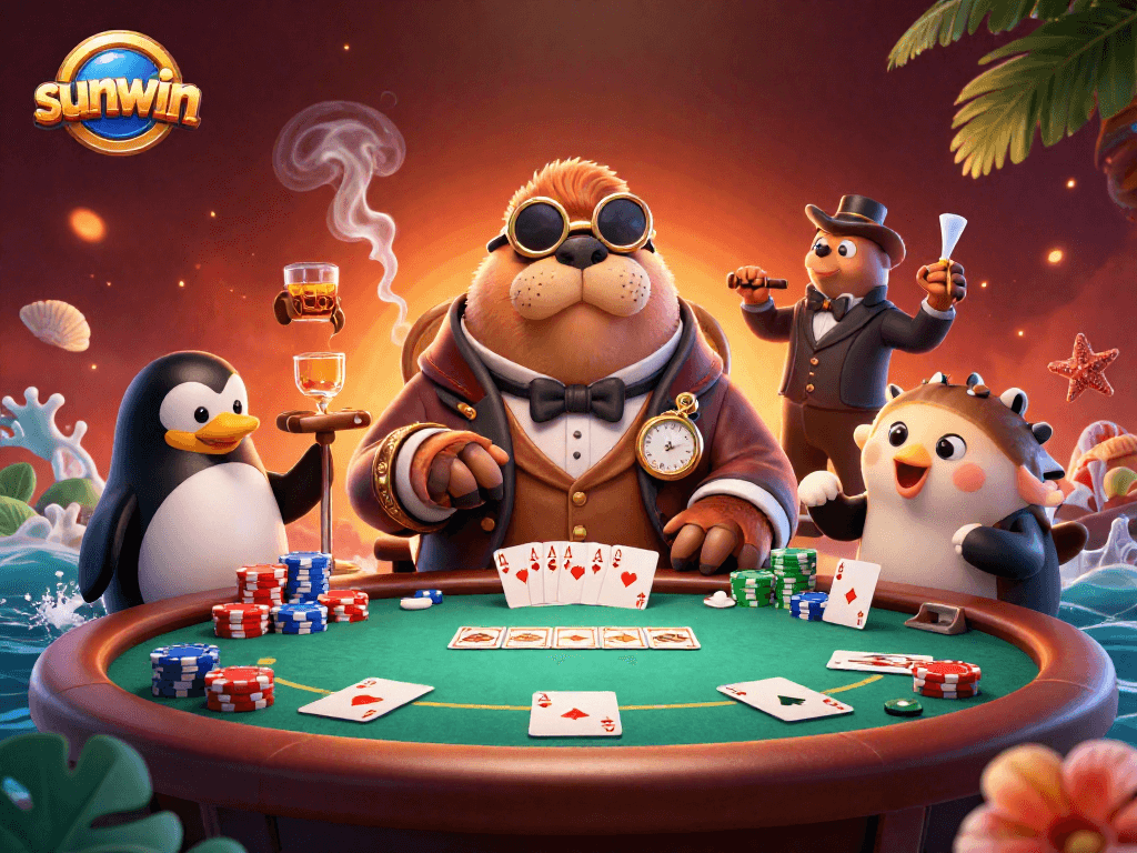 Join sunwin's thrilling underwater poker with a jolly walrus, penguin dealer, and bluffing pufferfish.