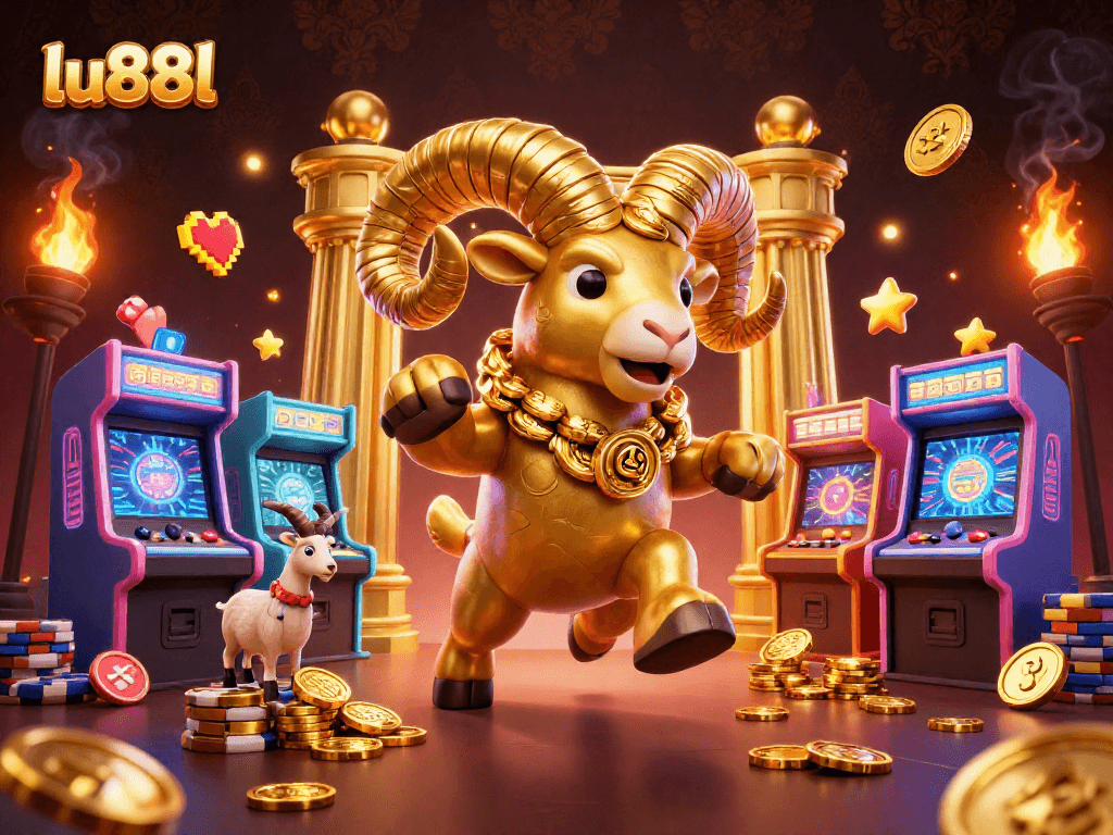 Engage with the exciting gaming realm at lu88l, featuring a golden ram charging through a casino atmosphere of games and rewards.