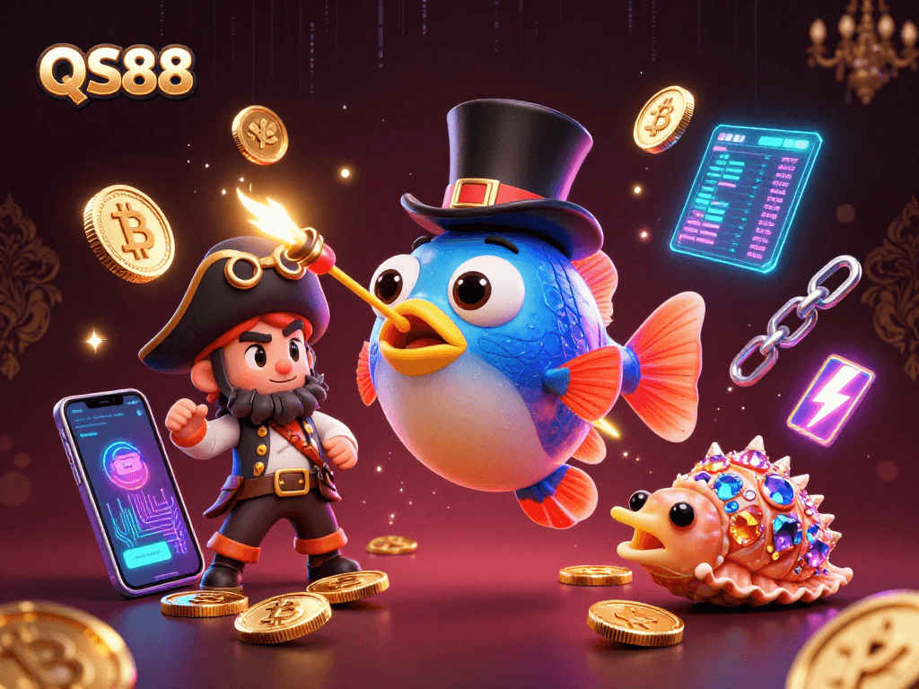 Experience thrilling gaming at QS88 with vibrant casino elements and deep-sea characters.