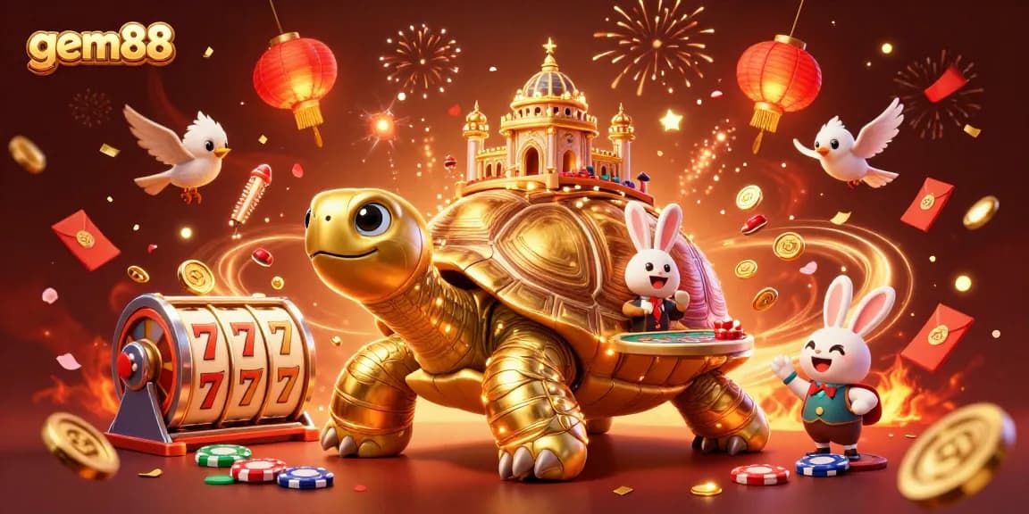 Experience thrilling wins with gem88 at a vibrant casino scene featuring a golden tortoise and rabbit dealer.