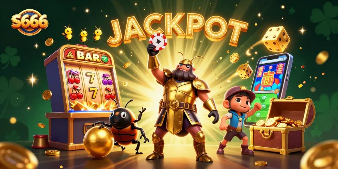 S666 welcomes players with a jubilant illustration of the victorious beetle and a jackpot explosion from a slot machine.