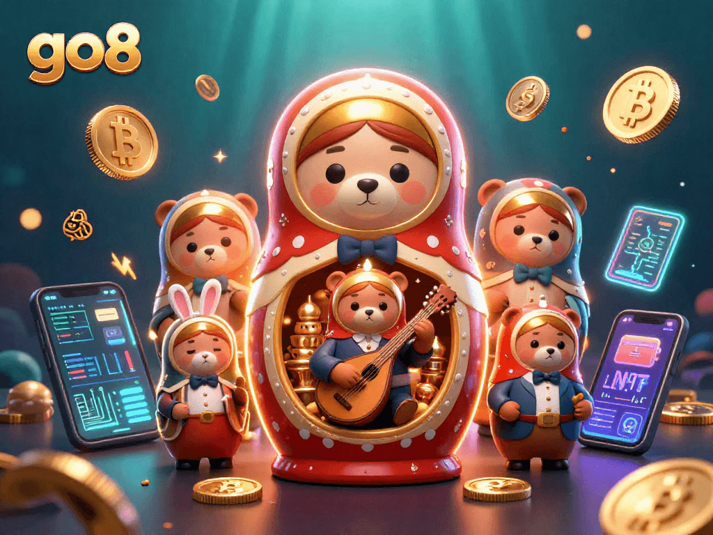 Experience gaming at go8 with a vibrant illustration of playful Matryoshka bears and glowing crypto coins.