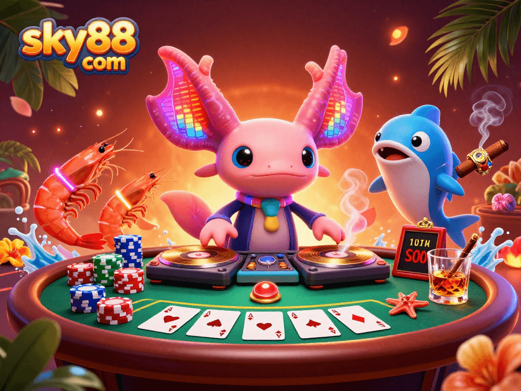Experience thrilling wins with sky88 com as a neon-colored axolotl DJ spins in a vibrant casino scene.