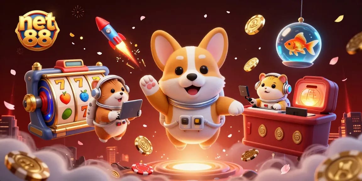 Experience the excitement of net 88 with a vibrant casino-themed 3D illustration featuring unique characters and rich gaming elements.