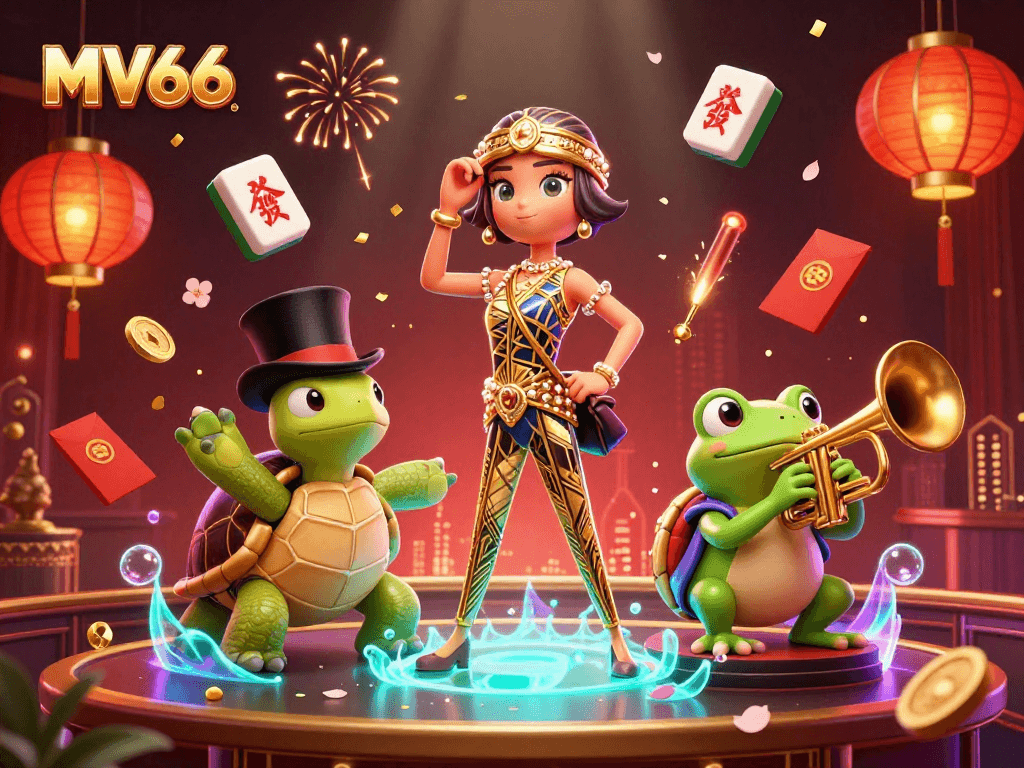 Experience the vibrant thrills of MV66 with a dynamic casino scene featuring animated characters and festive elements.