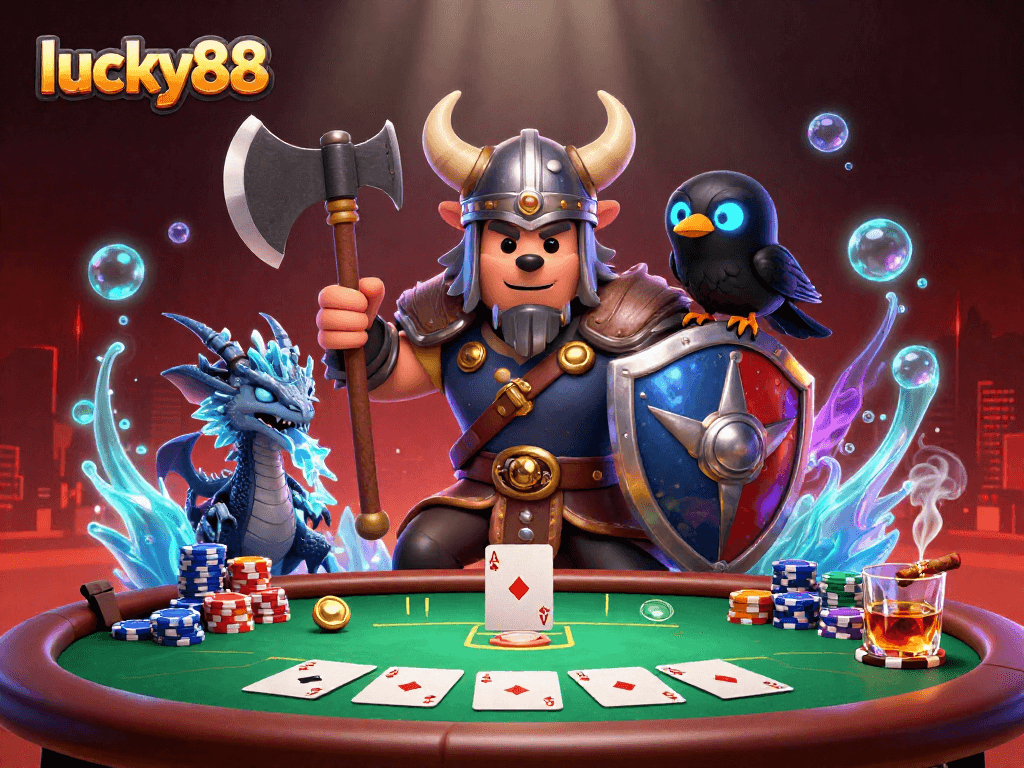 Engage in thrilling poker action with lucky88 featuring a Viking warrior, dragon, and poker elements.
