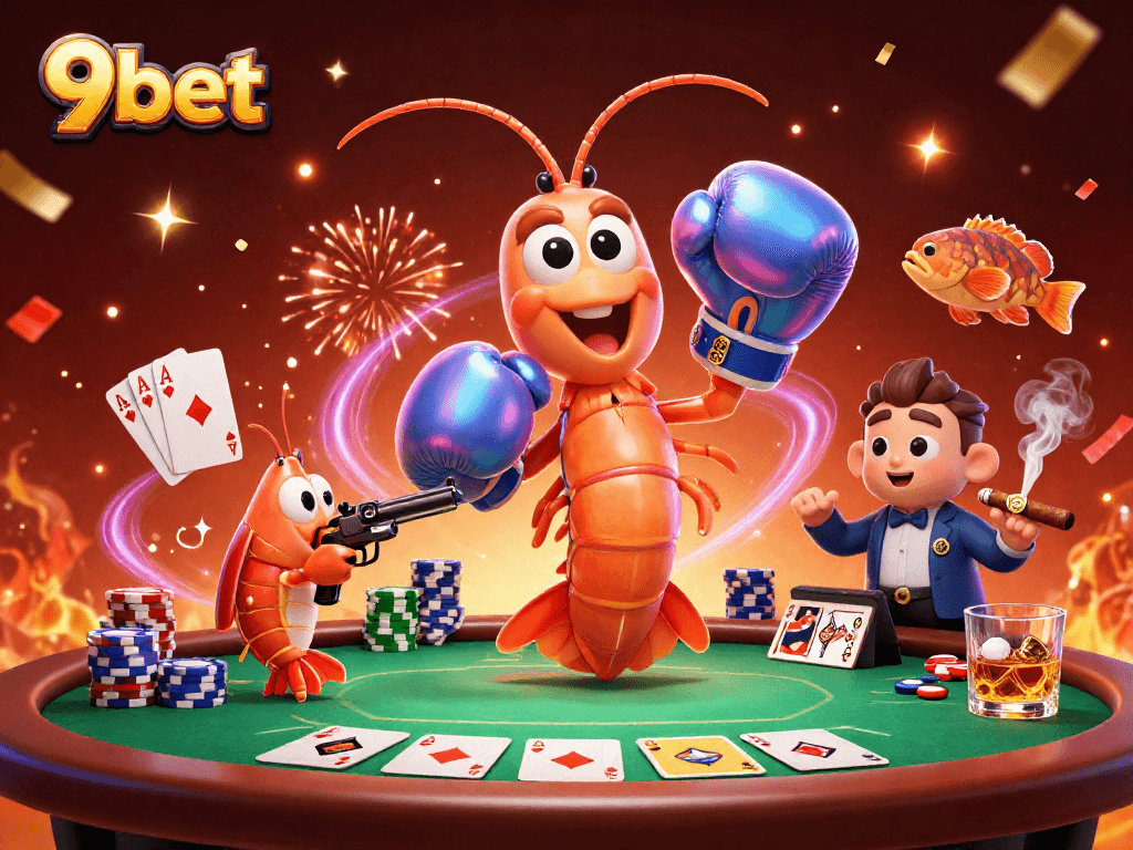 Experience thrilling poker action at 9bet with animated mantis shrimp and vibrant game elements