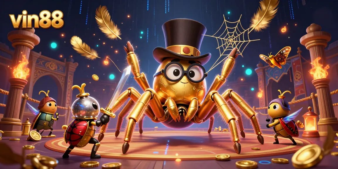 Engage in exciting gameplay at vin88 with a 3D cartoon scene featuring a golden tarantula and beetle knight.
