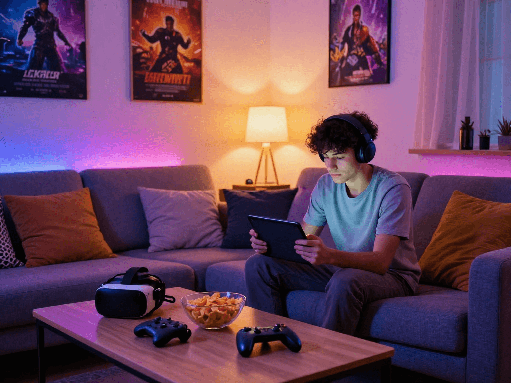 Enjoy playing porn games online in a cozy home environment with vibrant gaming accessories.