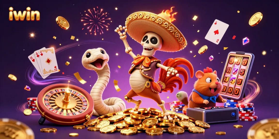 iwin offers a vibrant 3D casino scene with a dancing mariachi rooster and sparkling games.