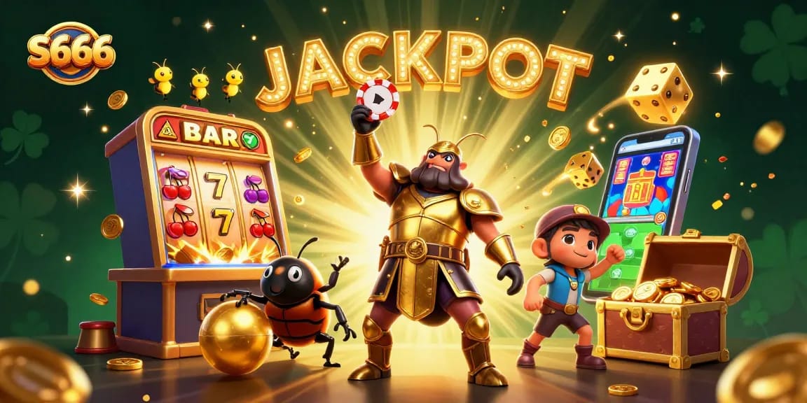 S666 welcomes players with a jubilant illustration of the victorious beetle and a jackpot explosion from a slot machine.