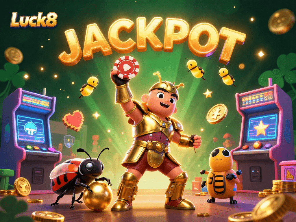 Luck8 showcases a victorious beetle amidst glowing arcade and casino elements in this vibrant illustration.