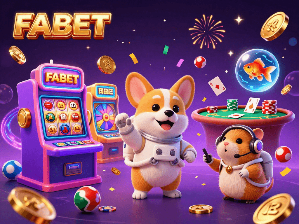Watch the FA BET astronaut corgi celebrating at a bustling casino with colorful lotteries and confetti.