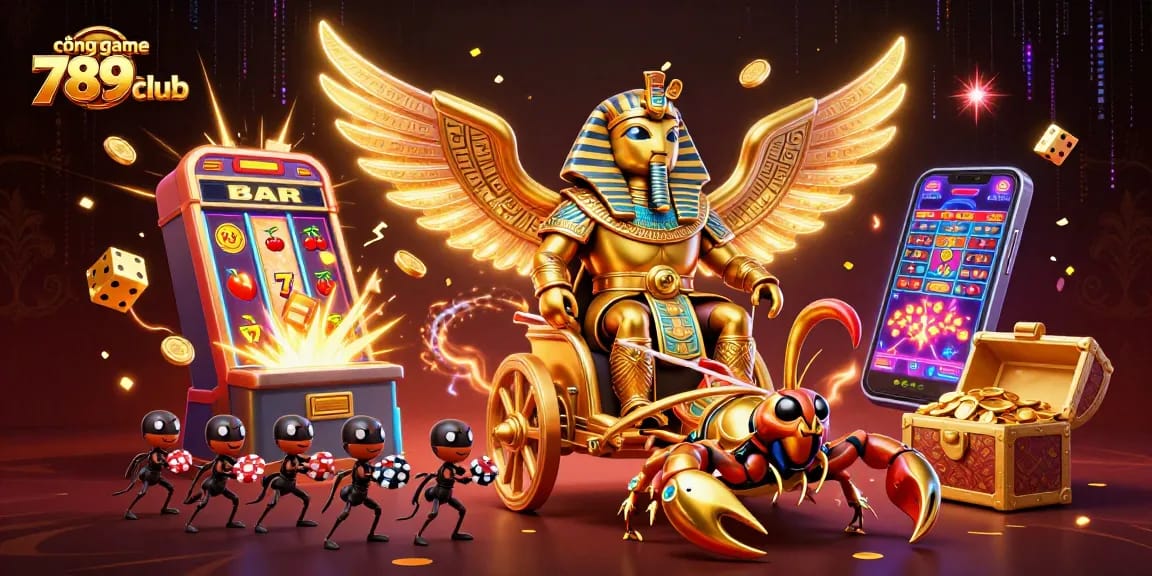 Experience excitement at cổng game 789club with a vibrant illustration of dynamic casino elements.