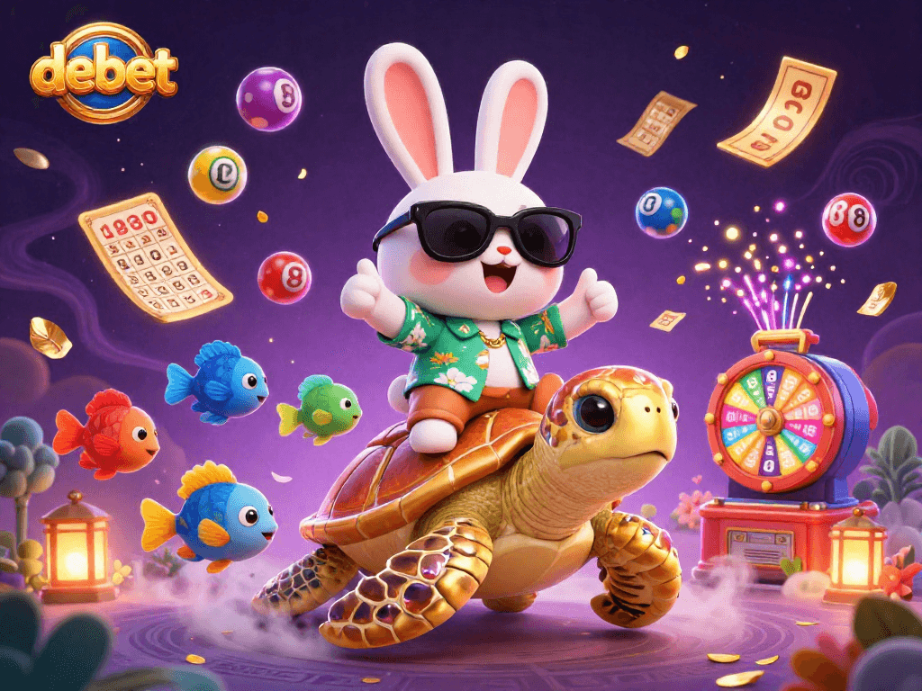 Engage with the thrilling debet lottery scene featuring a lucky rabbit and giant turtle amidst vibrant elements.