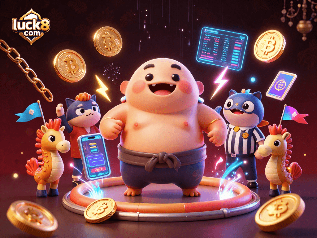 Engage with luck8 com's unique gaming ambiance featuring a vibrant underwater scene of a sumo fugu, catfish referee, and neon crypto elements.