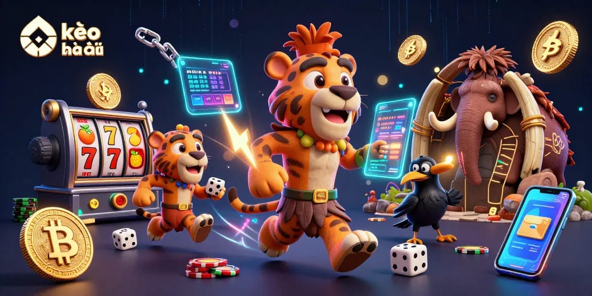 Engage with kèo nhà cái for a prehistoric casino experience featuring a caveman and a tiger.