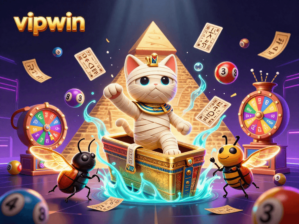 Experience vipwin's thrilling casino adventure with a cartoon mummy cat in a vibrant 3D pyramid scene.