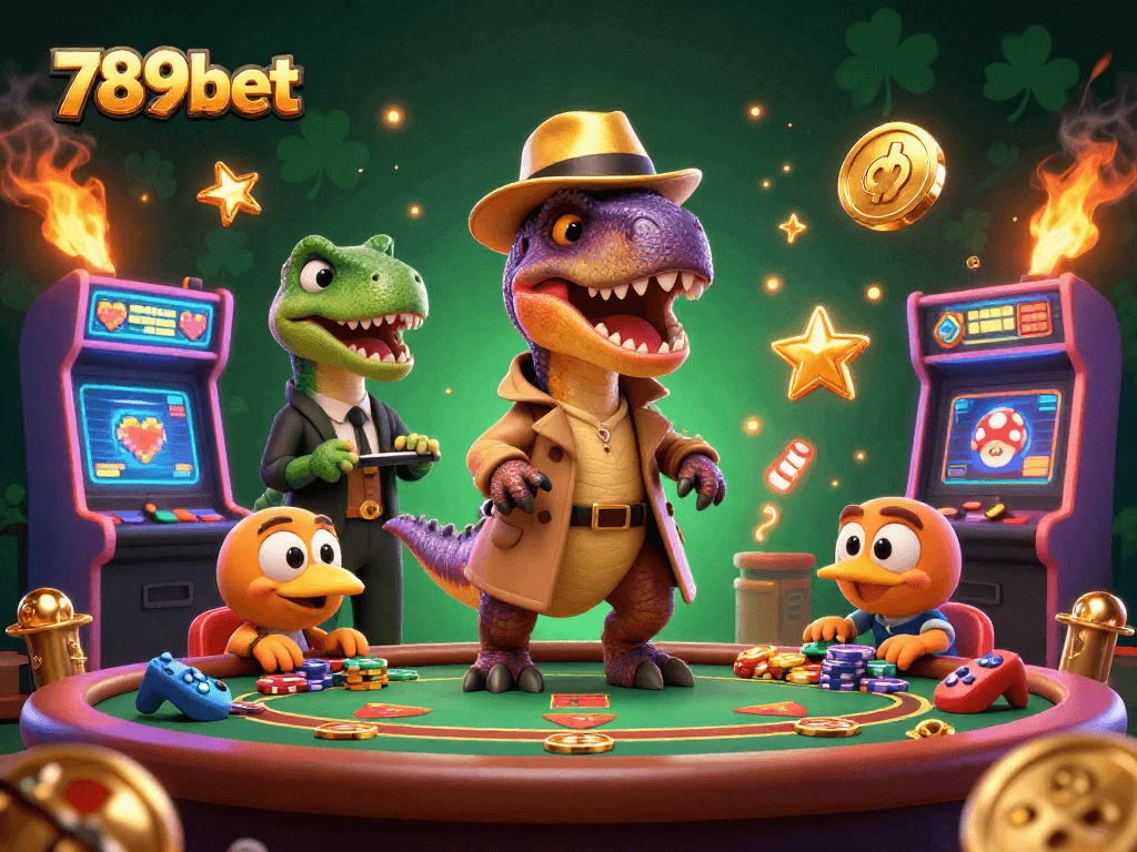 Experience thrilling gaming action at 789bet’s casino with a 3D velociraptor and stegosaurus in a lively scene.