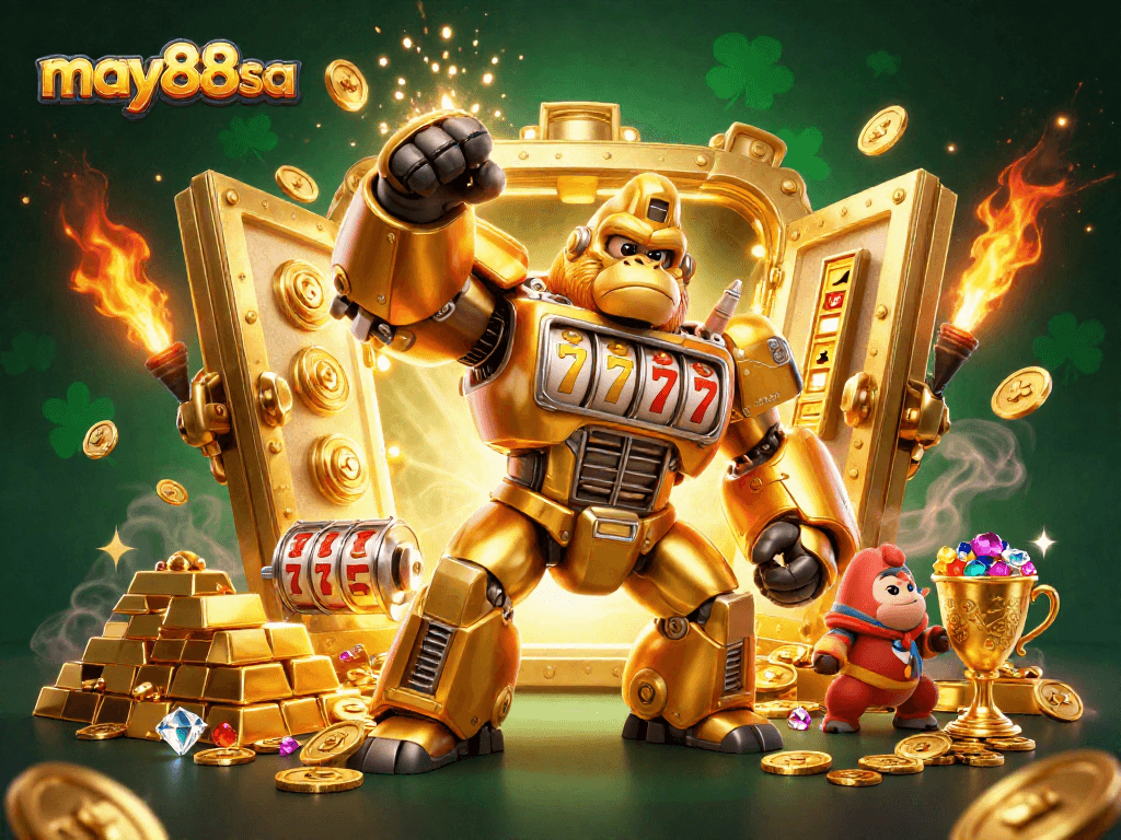 Engage in thrilling slots action with may88sa's golden gorilla mech and jackpot elements!