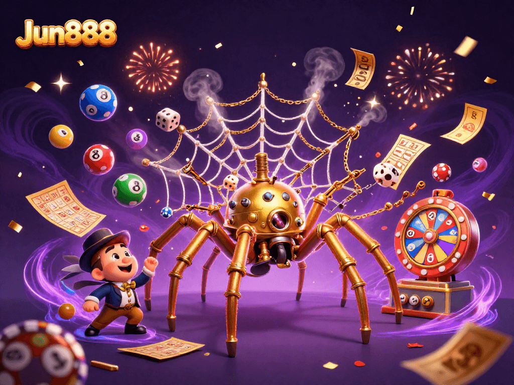 Engage in Jun888 casino fun with golden spider, lively lottery balls, and exciting prizes!