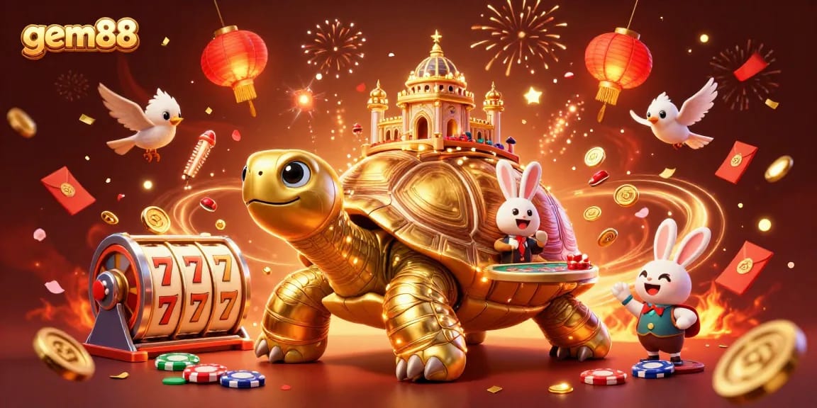 Experience thrilling wins with gem88 at a vibrant casino scene featuring a golden tortoise and rabbit dealer.