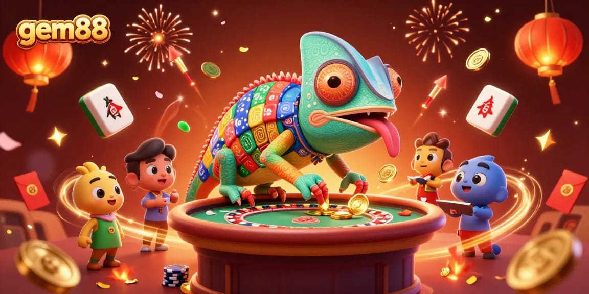 Experience the vibrant gem88 casino with chameleon owner, celebrating wins and games!