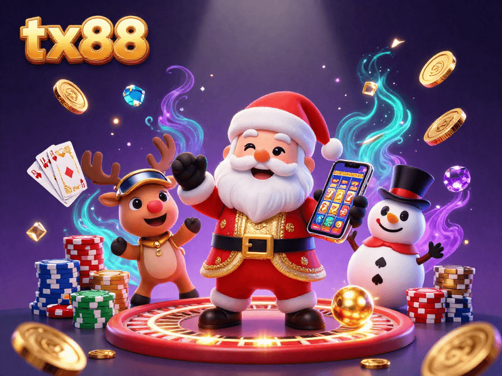 Experience excitement with tx88 at a festive casino scene featuring Santa and friends, enjoying dynamic games.