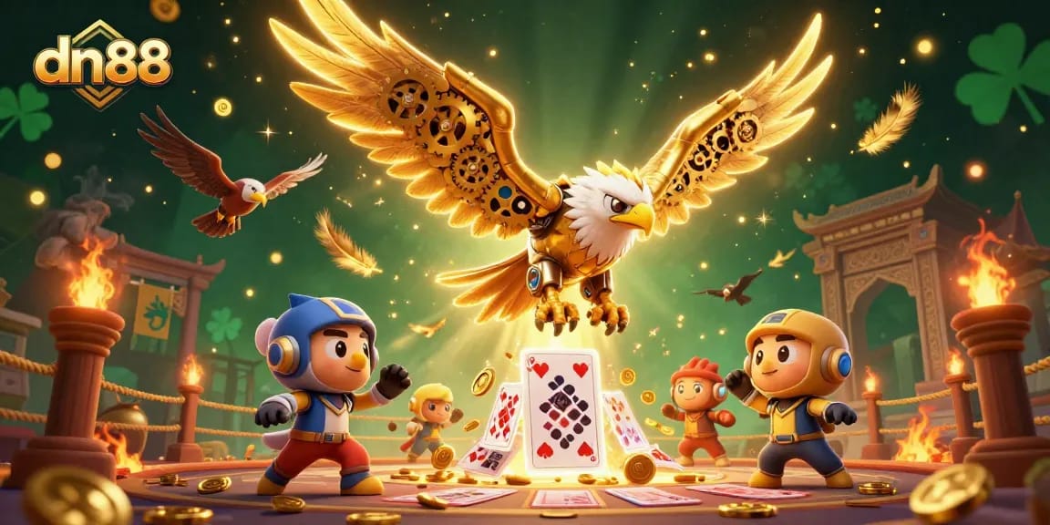Experience the excitement of dn88 with a dynamic scene featuring a cybernetic eagle amidst holographic cards and casino elements.