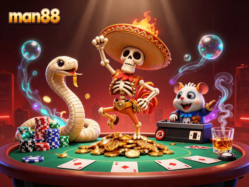 Experience the thrill of man88 with vibrant casino elements in a dynamic digital art scene.
