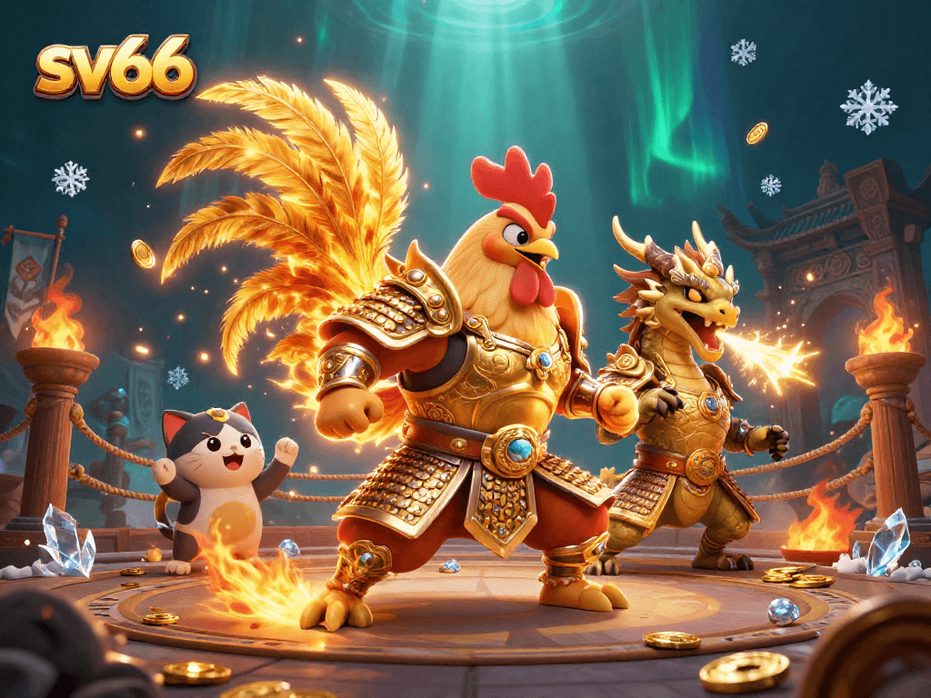 Engage with sv66's dynamic 3D scene featuring a rooster warrior and dragon in a vibrant casino atmosphere.