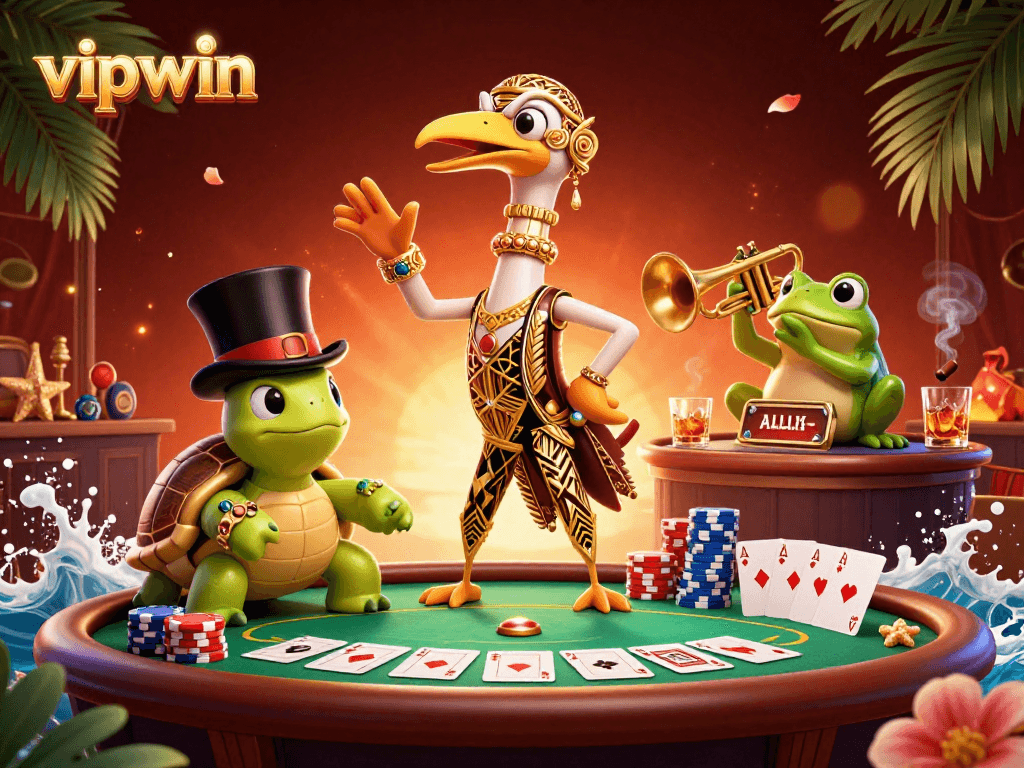 Experience the excitement of vipwin with a vibrant casino scene featuring a flapper crane and poker elements.