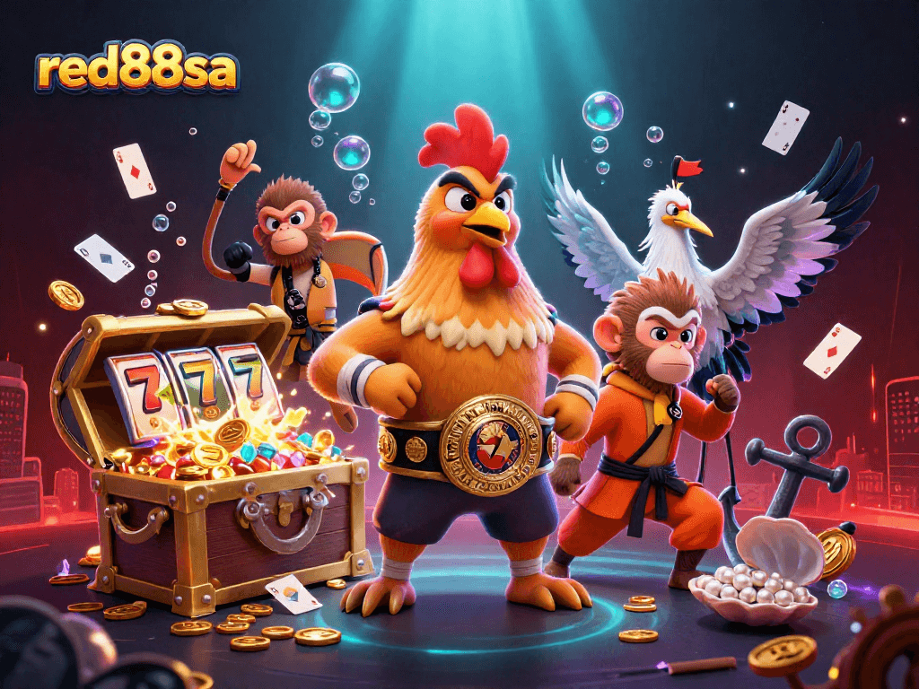 Experience thrilling gameplay at red88sa with a vibrant scene featuring roosters, martial artists, and sparkling casino elements.