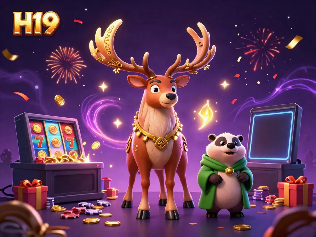 Experience the magic of H19 with a vibrant casino-themed illustration featuring slots and festive characters.