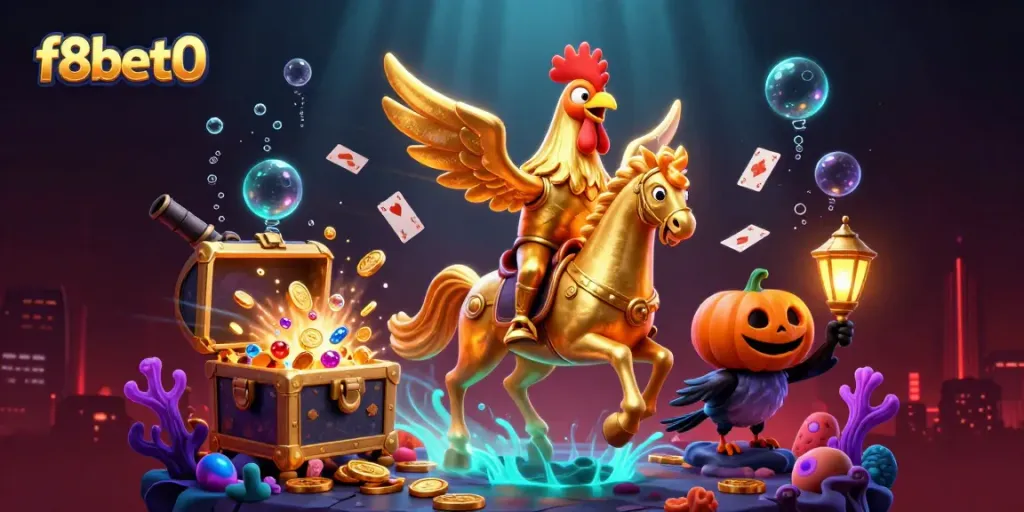 Engage with f8bet0 in a vibrant casino scene featuring a golden rooster headless horseman and treasure-filled atmosphere.