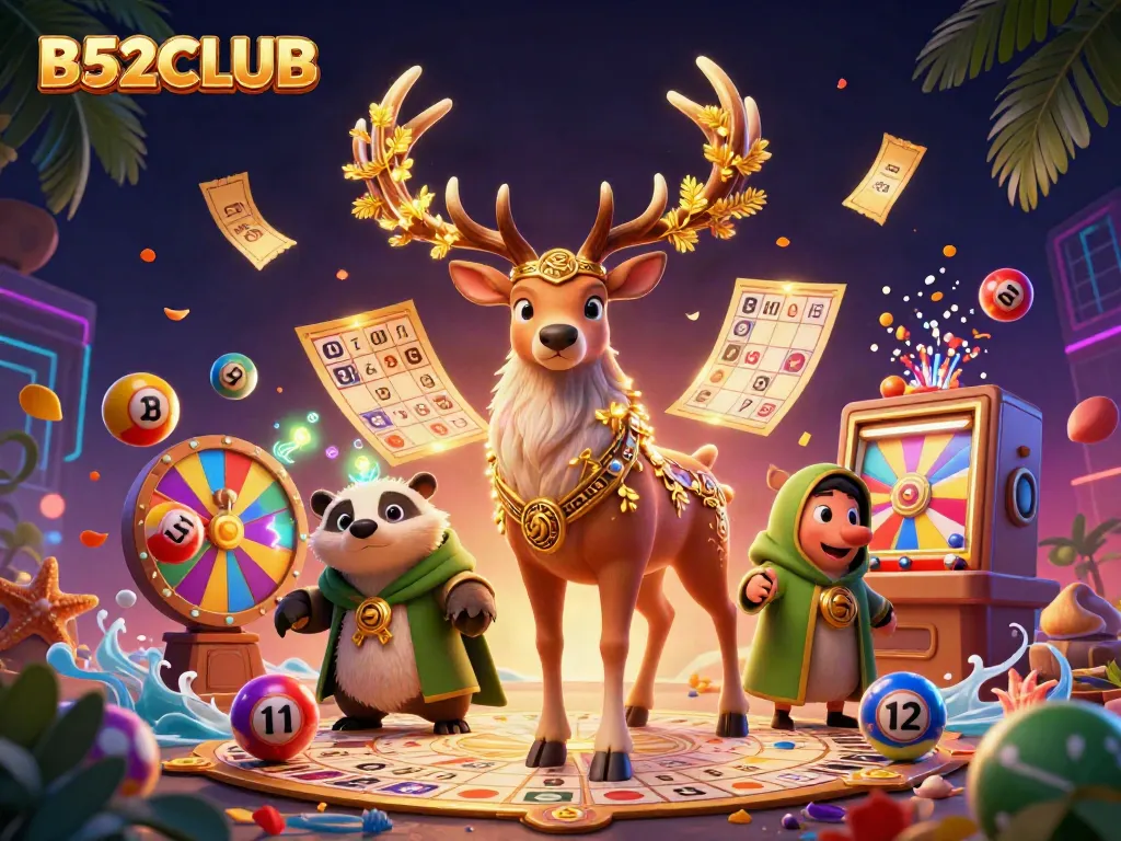 Engage with B52CLUB as vibrant lottery elements and mystical characters create a dynamic casino scene.