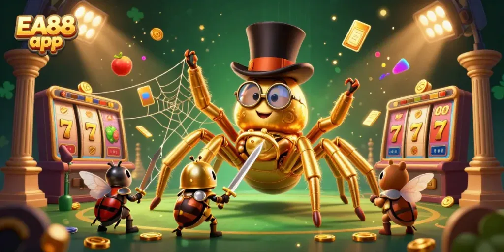 Experience the excitement of the EA88 app with a whimsical 3D illustration featuring a golden tarantula and beetle knight in a vibrant casino.