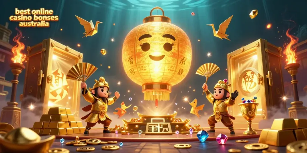 Experience the best online casino bonuses Australia with vibrant 3D illustration showcasing golden lanterns and treasure.