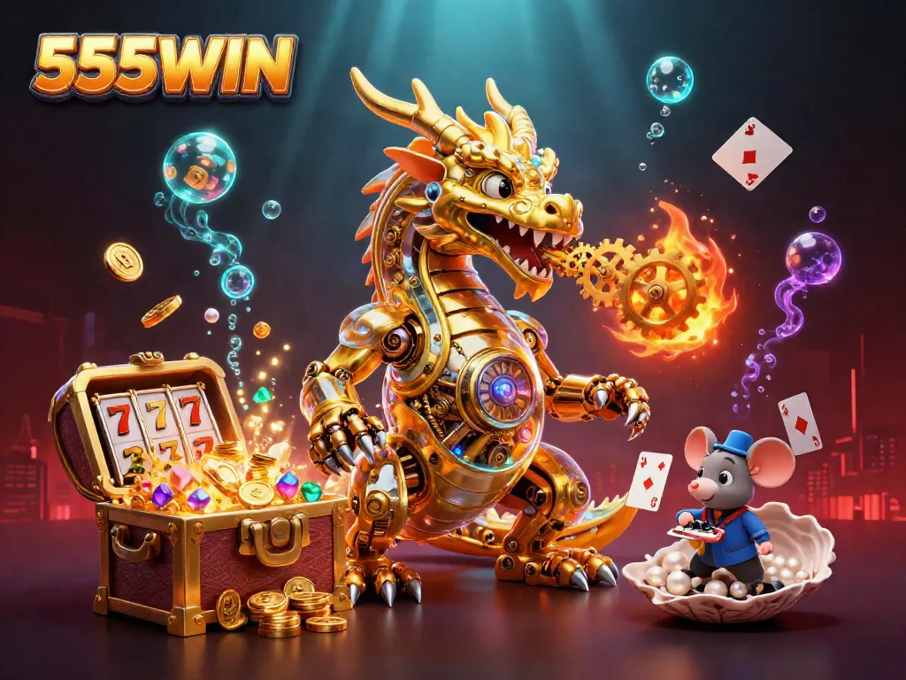Engage with the thrilling world of 555WIN as a golden dragon unleashes treasures and excitement in a vibrant casino scene.