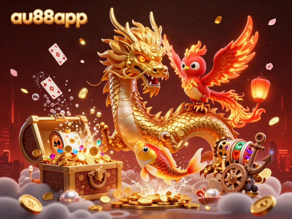 Experience the excitement of au88app with a fierce dragon, phoenix, and koi fish in a bustling casino scene.