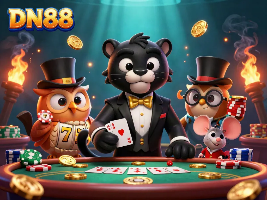 Experience the thrill of DN88 with a sophisticated panther dealer, poker owl, and a lucky mouse in a bustling casino