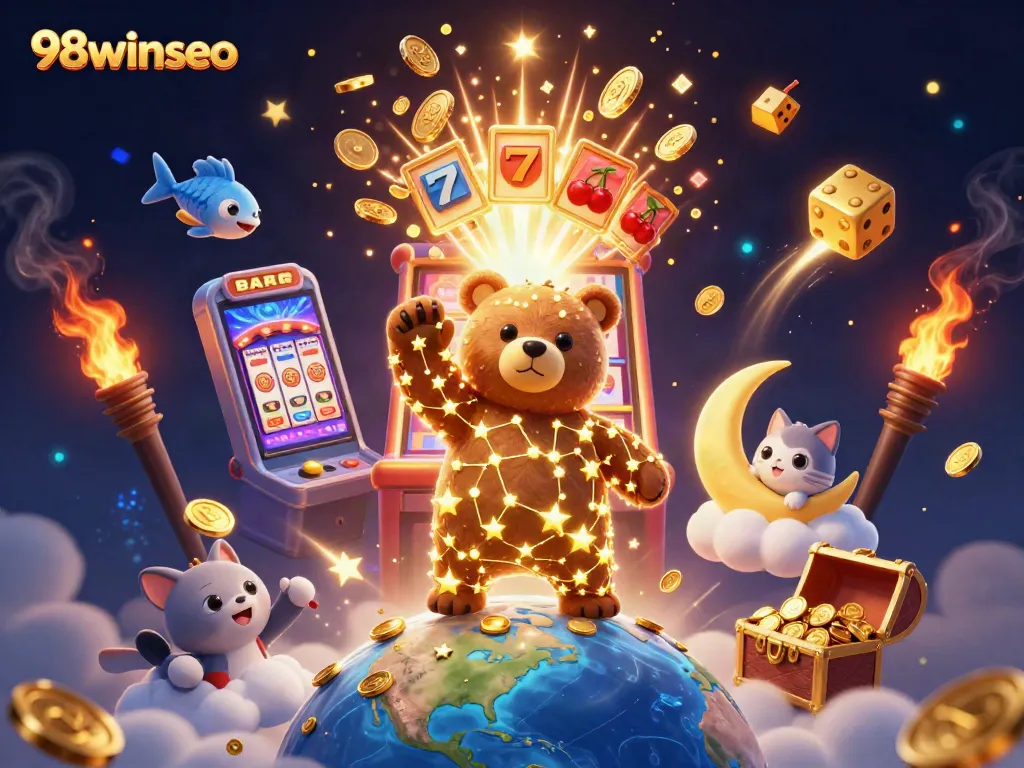 Engage in thrilling slots and jackpots at 98winseo with bright colors and dynamic casino elements.