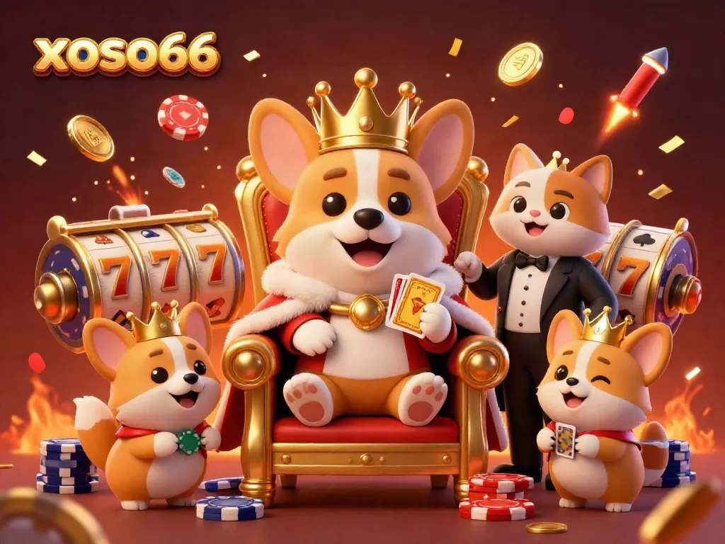 Experience the thrills of xoso66 with royal corgis and casino symbols celebrating in style.