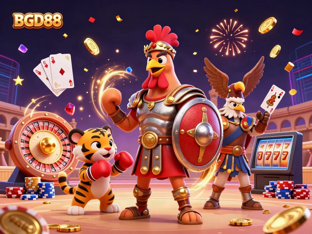 Experience thrilling action with BGD88 as a rooster gladiator and tiger cub bring the casino to life!