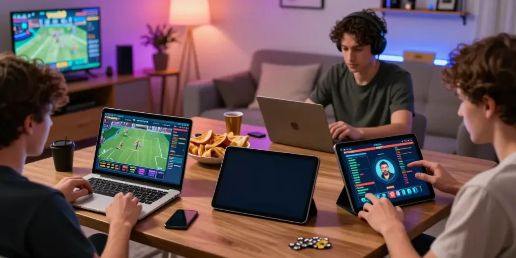 vin88 players enjoying a thrilling online gaming experience across multiple devices in a vibrant home setting