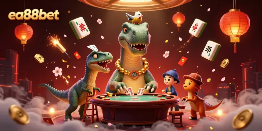 Engage with ea88bet's vibrant casino experience through a colorful 3D digital scene featuring whimsical characters.